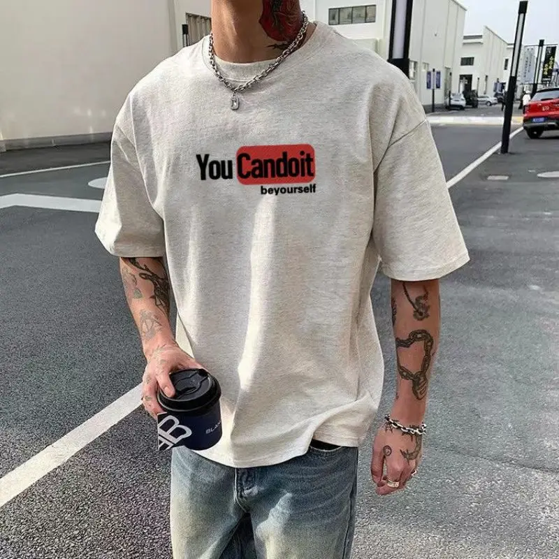 

Korean pure cotton new letter printed American retro all-match round neck men short-sleeved summer loose casual couple tops y2k