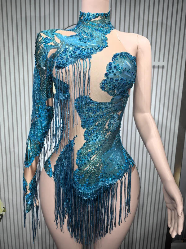 Sexy Skinny Leotard Singer Dancer Show StageWear Sparkly Blue Rhinestones Women DanceCostume Fringes One Shoulder Bodysuit  7G