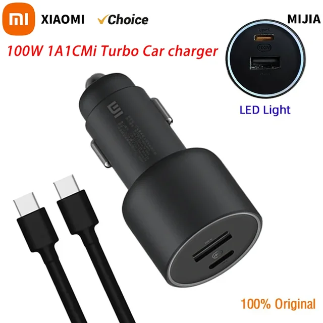 New Xiaomi Car Charger 100W MAX 1A1C Fast Charging Dual-port USB-A USB-C Smart Device Fully Compatible With Light Effect Display