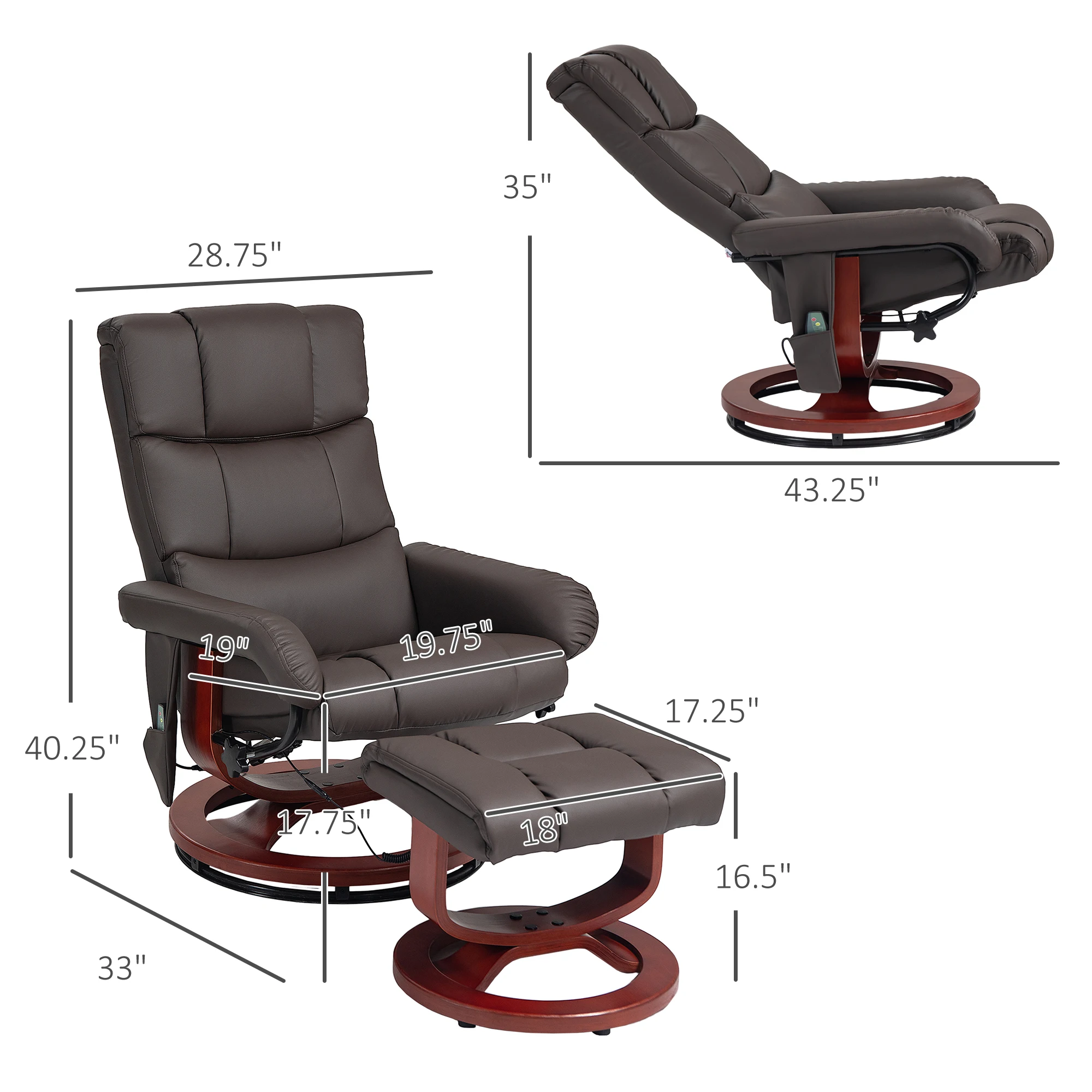 Recliner Chair with Ottoman, Swivel Wood Base, Remote and Side Pocket, Grey