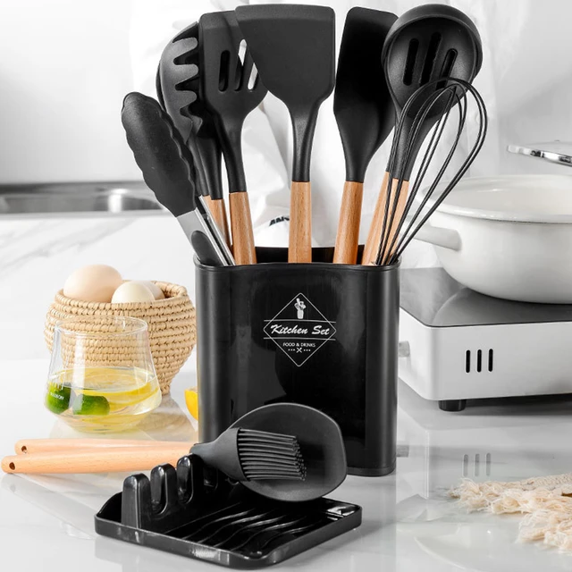 Ensemble d'ustensiles de cuisine en Silicone, spatule antiadhésive noire,  manche en bois, avec boîte de