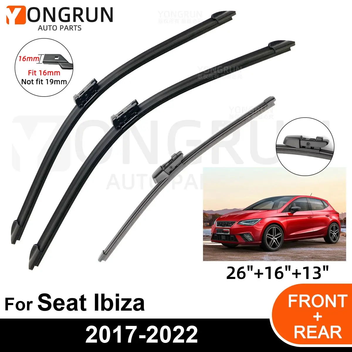

3PCS Car Wiper for Seat Ibiza 2017-2022 Front Rear Windshield Windscreen Wiper Blade Rubber Accessories