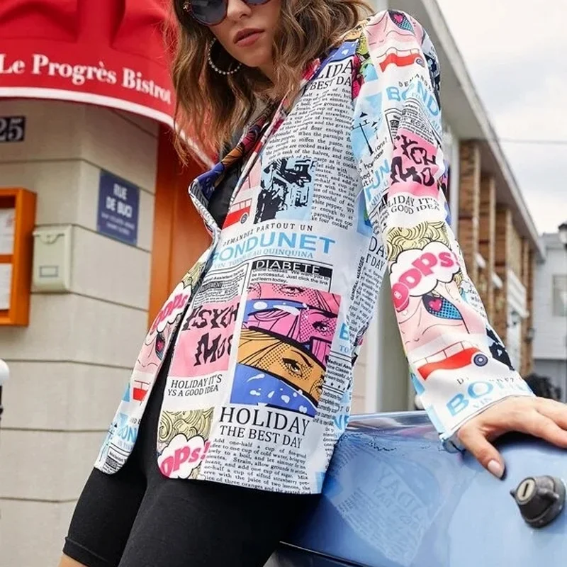 New Fashion Newspaper Printing Retro Casual Streetwear Ladies Suit Jacket Spring Plus Size Top Jacket Elegant Ladies Fashion