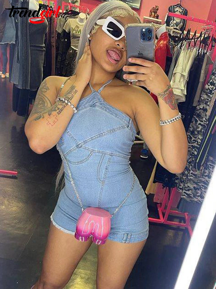 Trendgirl Sexy Lace-up Halter Denim Stretch Short Jumpsuit Women Backless Night Club One Pieces Romper Birthday Jean Playsuits