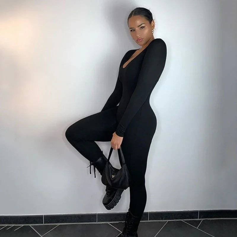 Fashion Bodycon Jumpsuit for Women‘s Clothing Casual Brown Fitness Rompers 2023 New  Y2K Playsuit Activity Streetwear Overalls