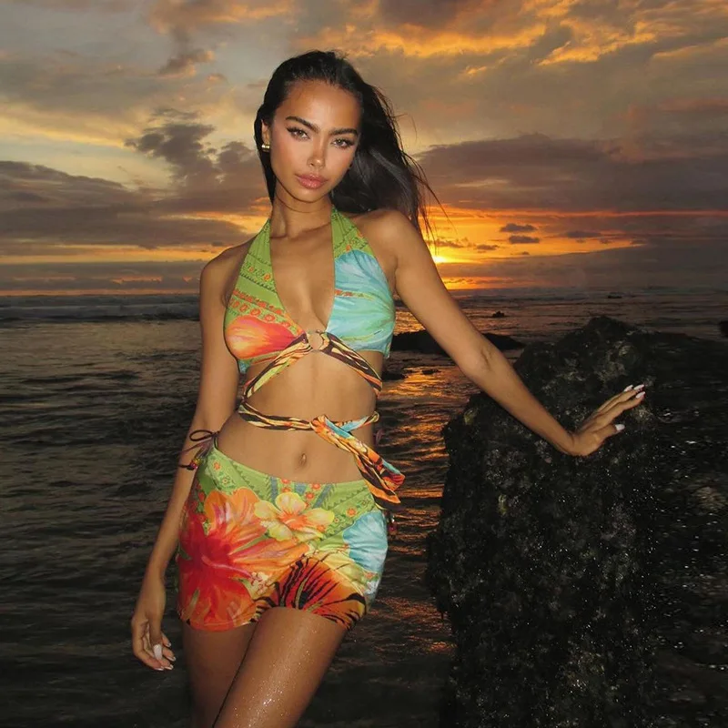 Fashion Printed Beach Two Pieces Set 2024 Summer Halter Lace-up Deep V Neck Bra Crop Top Sexy Slim Mini Skirt Vacation Outfits