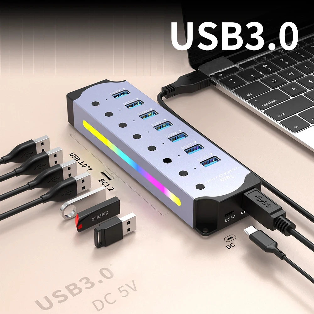 Aluminum Alloy RGB USB 3.0 Hub & Charging Dock with Switch