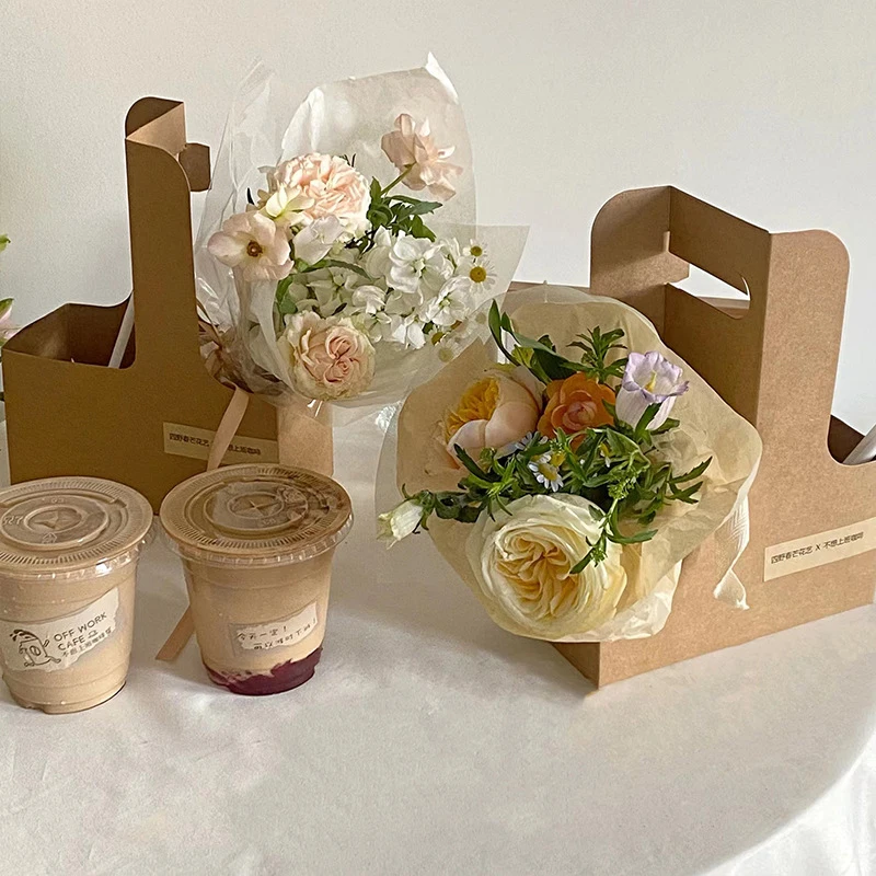 10 stücke tragbare Blume Geschenk Tasche Kraft papier halter Kaffee Blume Kuchen Dessert Verpackung Box Foto bevorzugen Getränke träger mit Griff – Detail 16