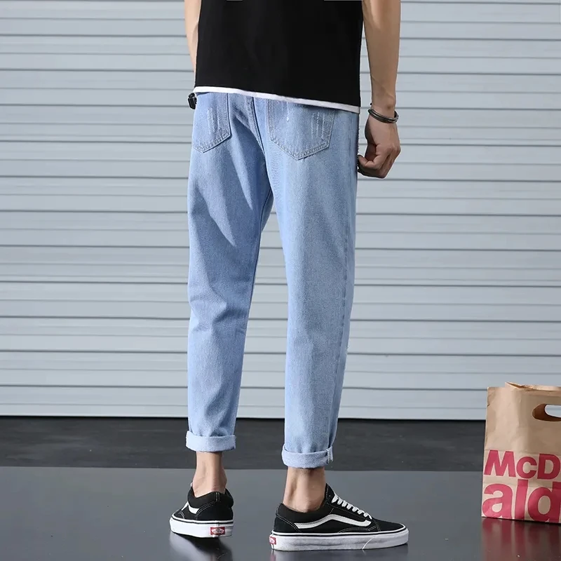 Fashionable Men's Tight Jeans 2024 New Korean Edition With Leaky Holes Men's Loose Straight Drop Feel Wide Leg Pants Light Blue