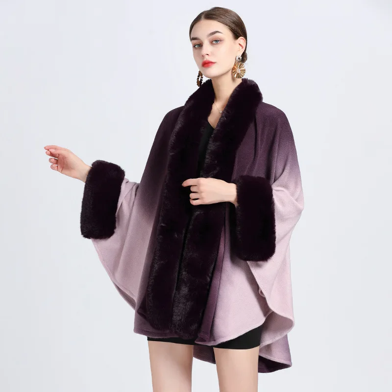 

Autumn Winter New Imitation Otter Rabbit Fur Collar Hanging Dyed Capes Women Knit Poncho Lady Capes Purple Cloak