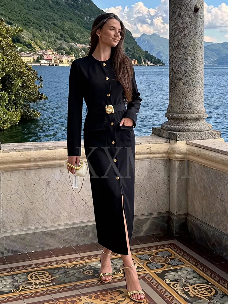 2025 Womens Dresses Black Office Long Dresses for Women Spring Long Sleeve Midi Dress Woman Belt Button Women's Dress