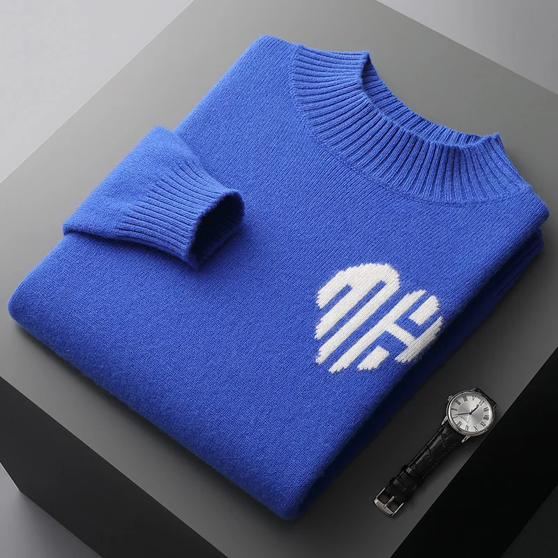 Autumn and winter new 100% pure wool men's half-high neck color matching thick knitted sweater loose knitted cashmere sweater.