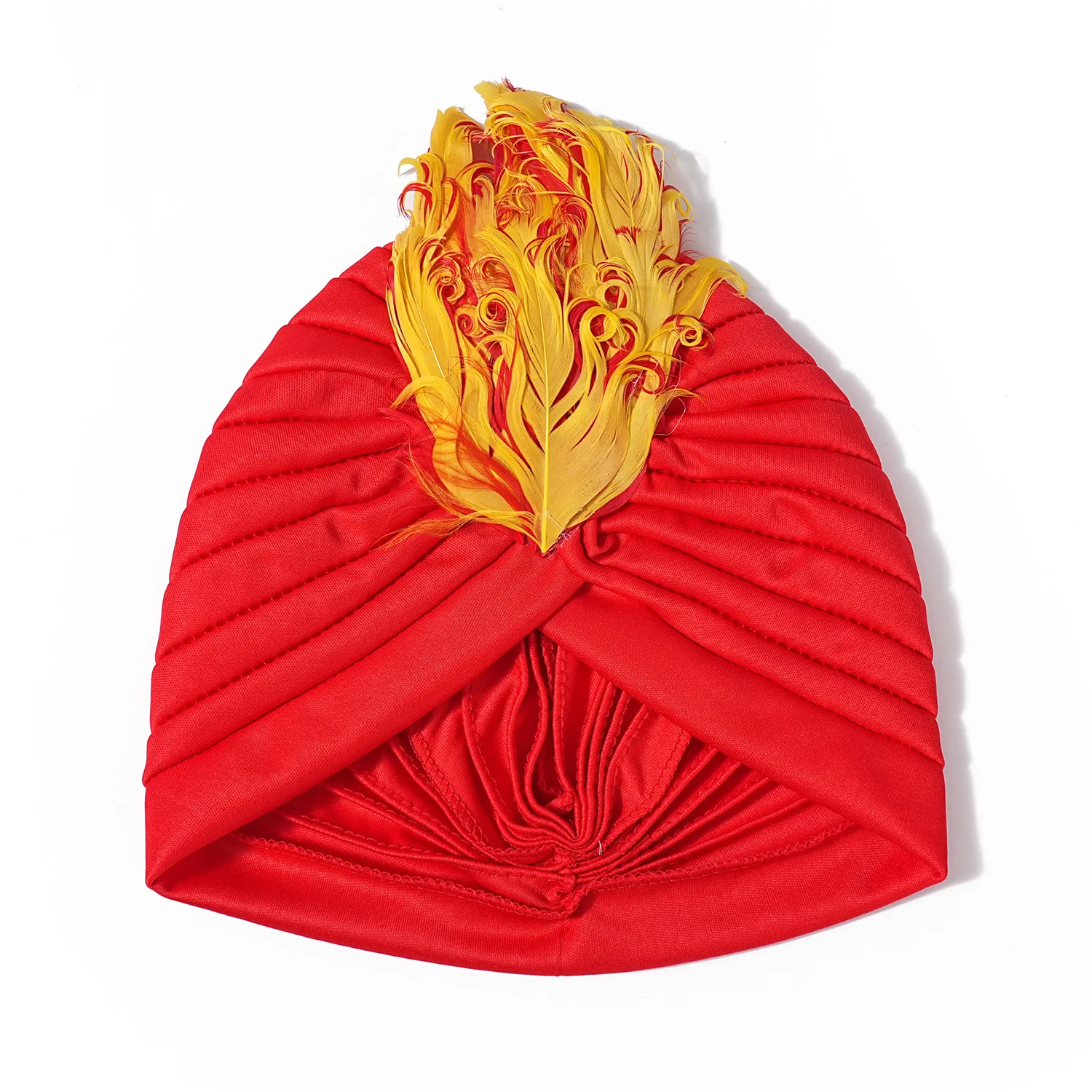 Fashion Women Feather Hat Arab India Pleated Turban Indian Cap Ladies Muslim Islamic Headwear Vintage Sultan Hat Headpiece 6