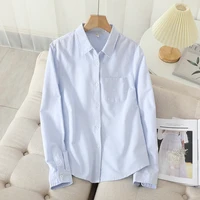 Women's Casual Cotton Oxford Shirt 2023 New Woman Striped Blouse and Tops Simple Solid Lady White Blue Shirts Clothes - Image 5