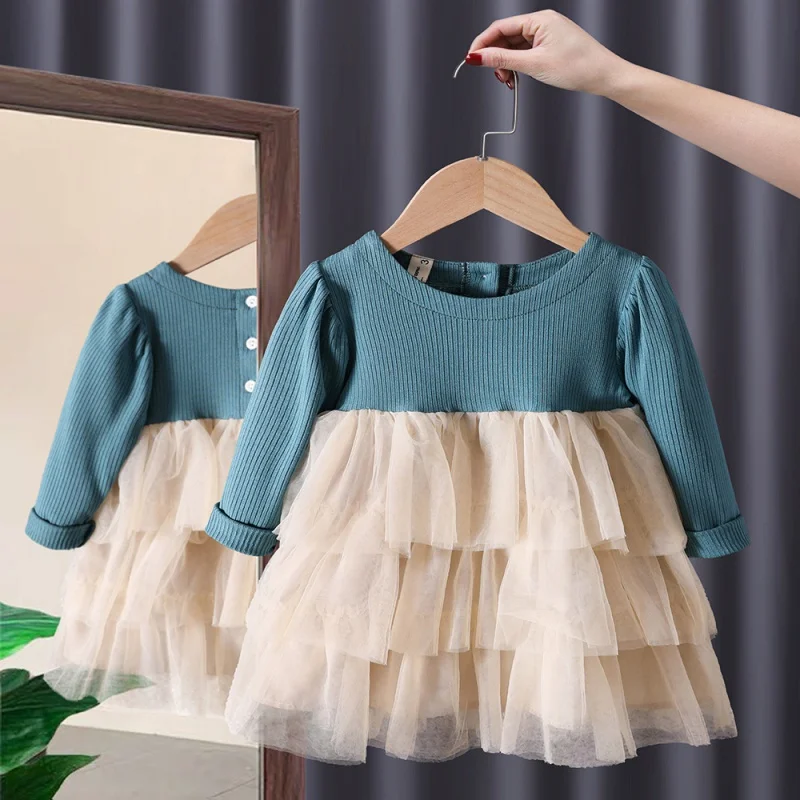 

Girls' Autumn Princess Dress Temperament Mesh Dress Velvet Stitching Gauzy Skirt Little Girl Pettiskirt Cake Dress