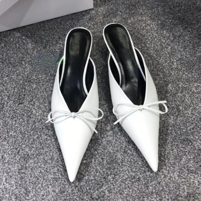 

2022 New Pointed Half Pack Slippers Women's Bow Short Heel Cat and Muller Half Slippers