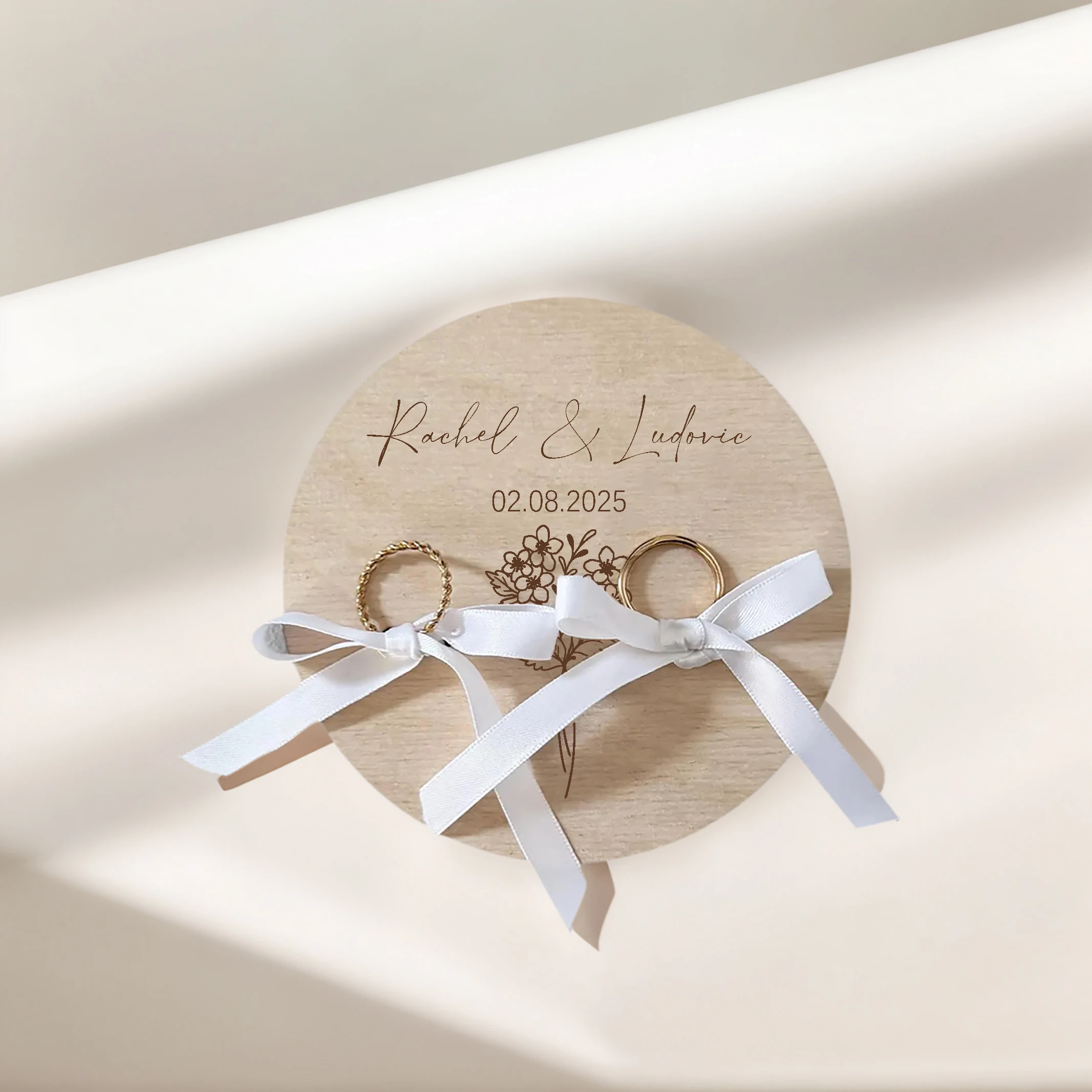Customized Rustic Wooden Ring Stand with White Ribbon - Unique Wedding or Anniversary Gift
