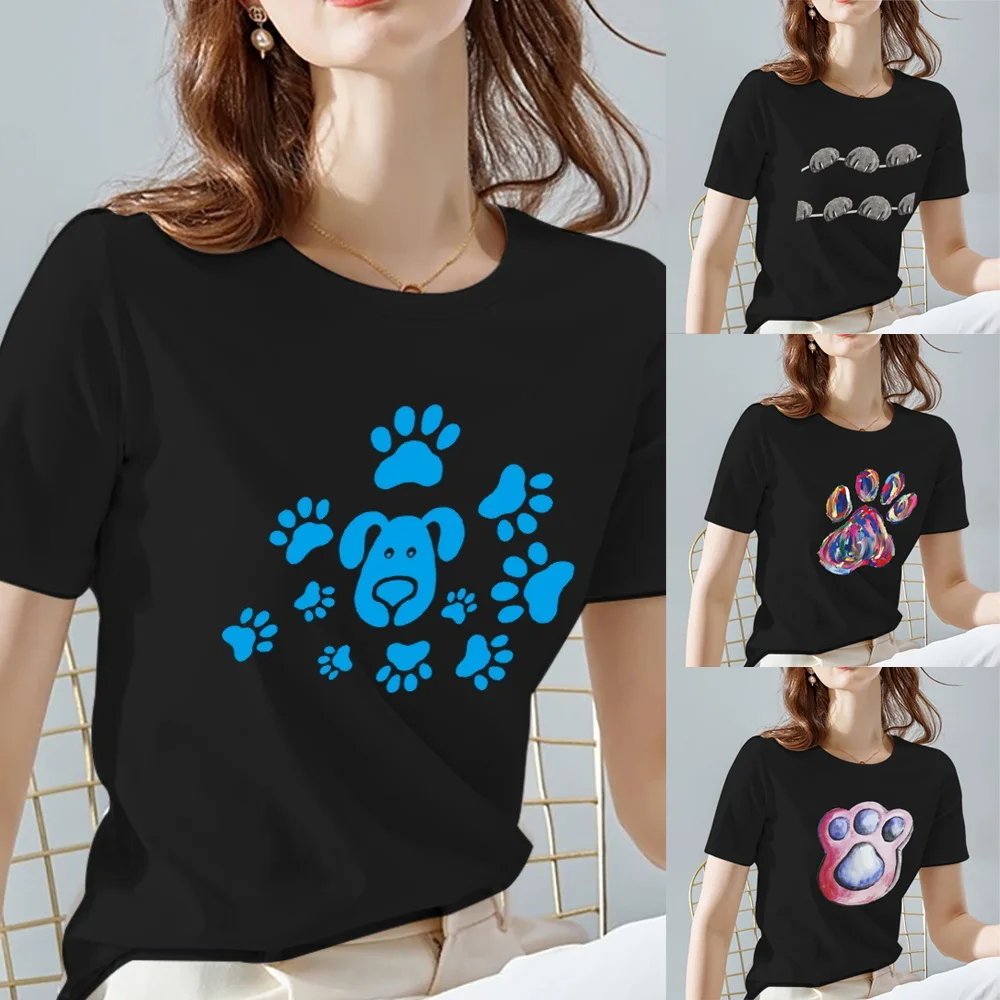Women T-Shirt Black Classic All-Match Ladies Tops O-Neck Fashion Dog Footprints Pattern Series Short Sleeve Tee Women'S Clothing