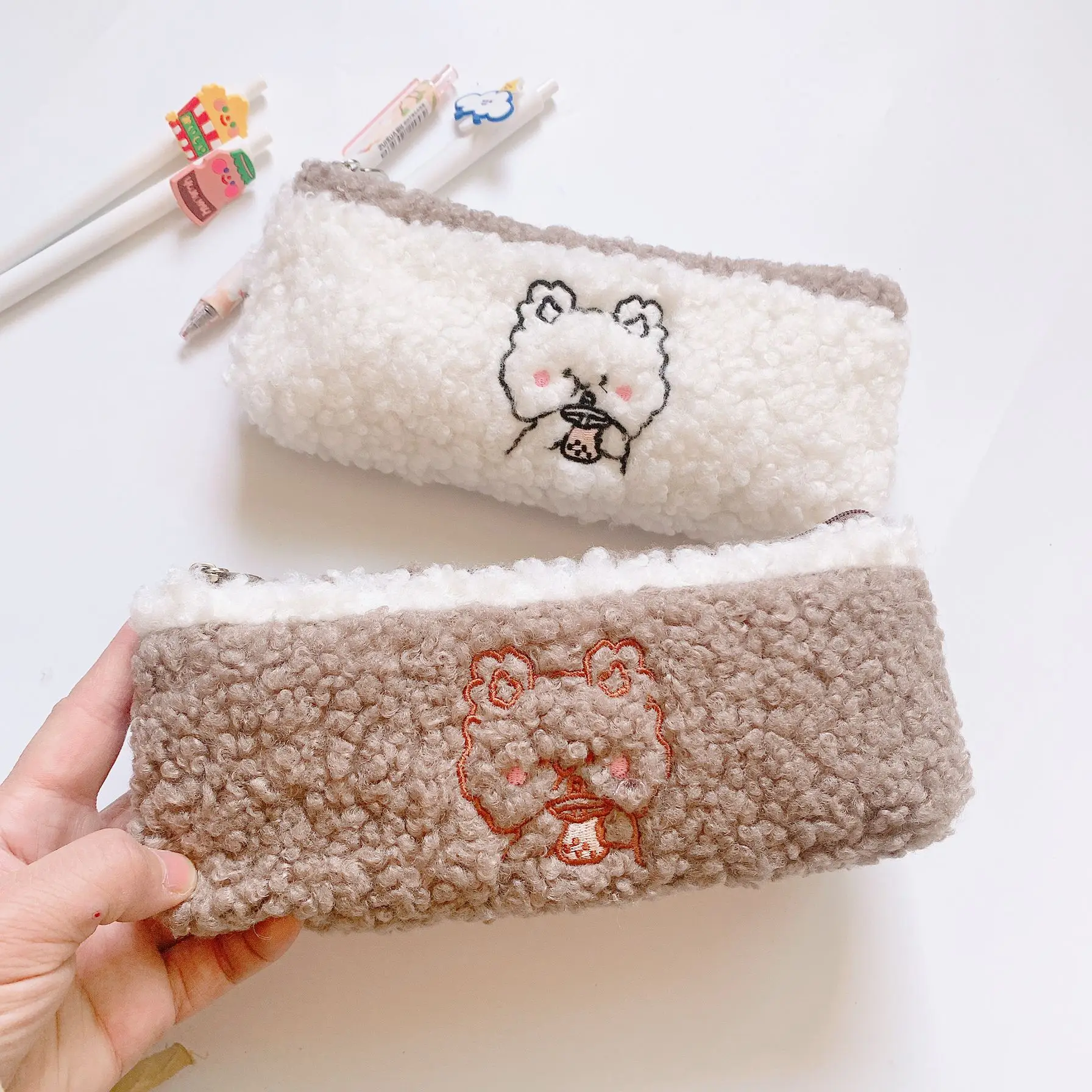 

1Pc Kawaii Korean Plush Lambswool Pencil Case Cute Bear Pen Box Pencil Bag Cosmetic Pouch Storage Bag School Supplies Stationery