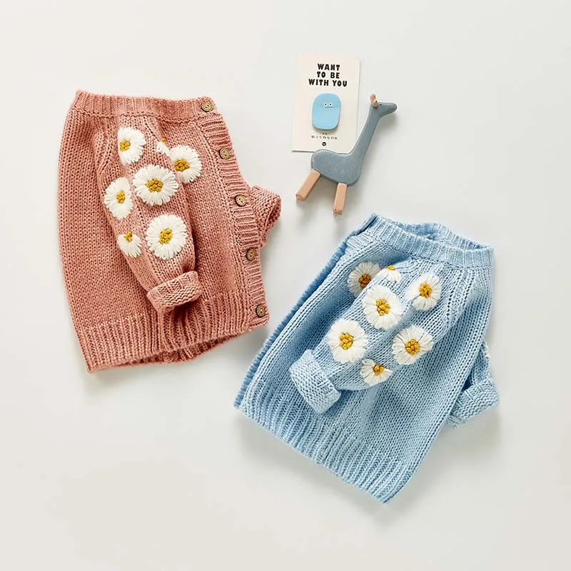 Autumn Newborn Girls Cardigan Sweater Coat Infant Girls Long Sleeve Daisy Flower Top Toddler Baby Girl Clothes Embroidered Coats baby girls sweater