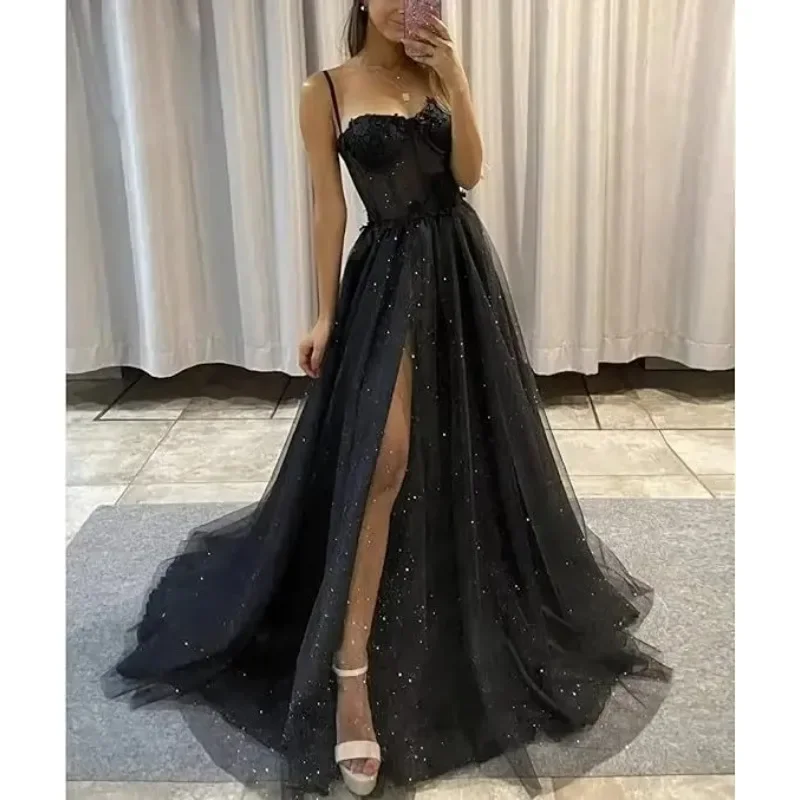 Wakuta krajka nášivka soumrak šaty a-line bez rukávů ples šaty špagety řemen bál talár šaty vestidos elegantes para mujer