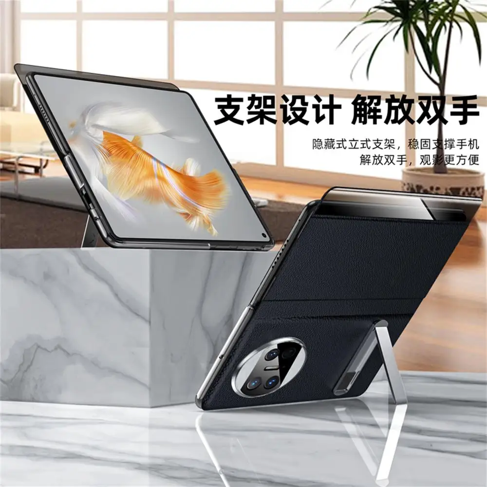 For Huawei Mate X3 Case Luxury Litchi Grain Plain Leather Bracket Intelligent Window Folding Shockproof Hard Cover Accessories