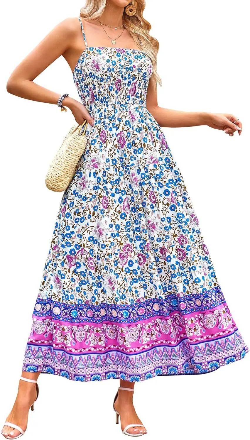 Vintage Flower Print Spaghetti Strap Dresses Women Fashion Trendy Bohemian Beach Vacation Long Dress Female Summer New Vestidos