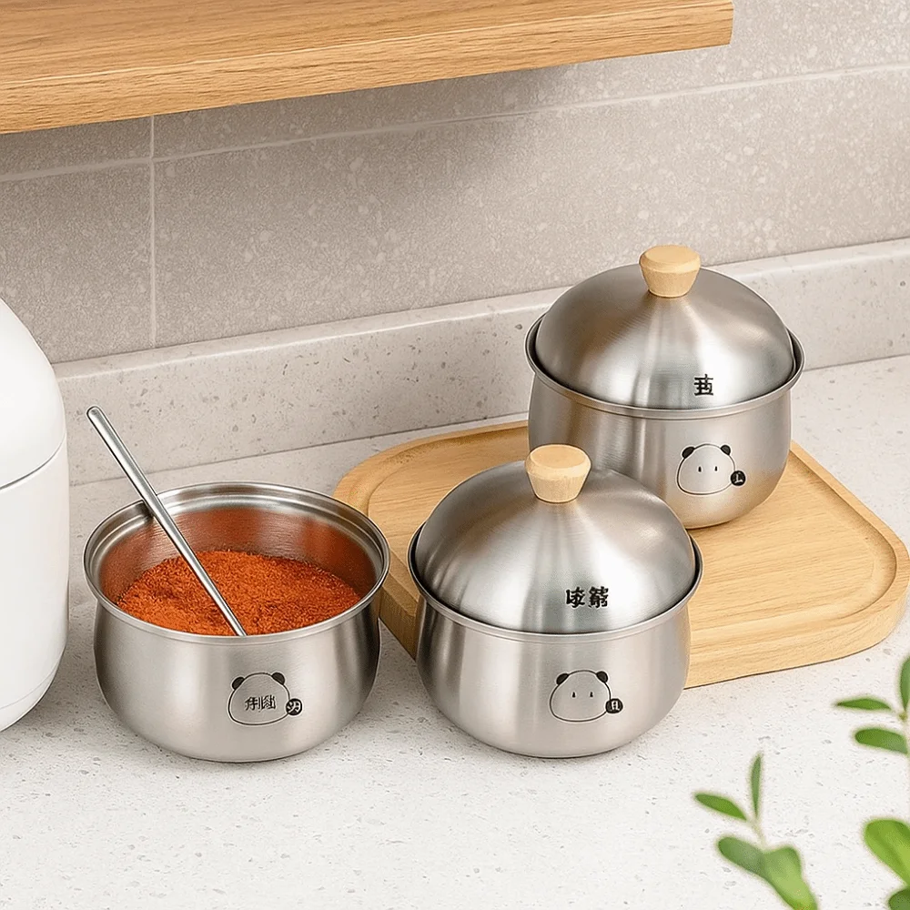 Silver Stainless Steel Sugar Bowl Dustproof Large Capacity Kitchen Condiments Pot with Spoon Lid Waterproof Salt Organizer