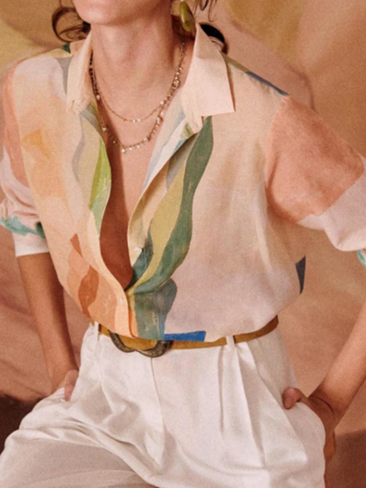

2023 Summer Women New Lapel Color Printing Single-breasted Cotton Long-sleeved Straight Shirt