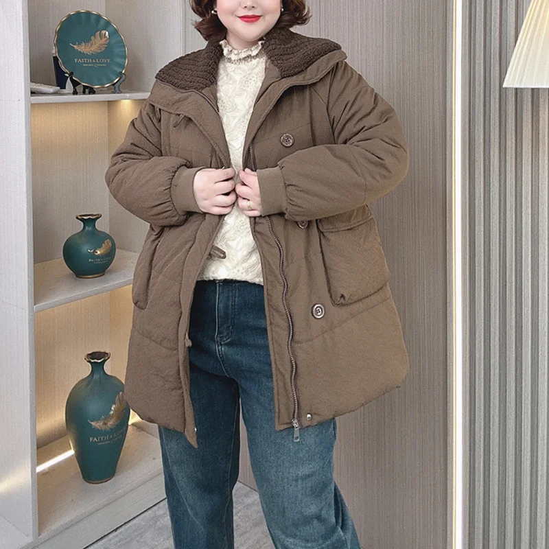 Plus Size Women Down Cotton Parka Winter Loose Fashion Warm Big Pocket Knitted Collar Cotton-Padded Coat 276