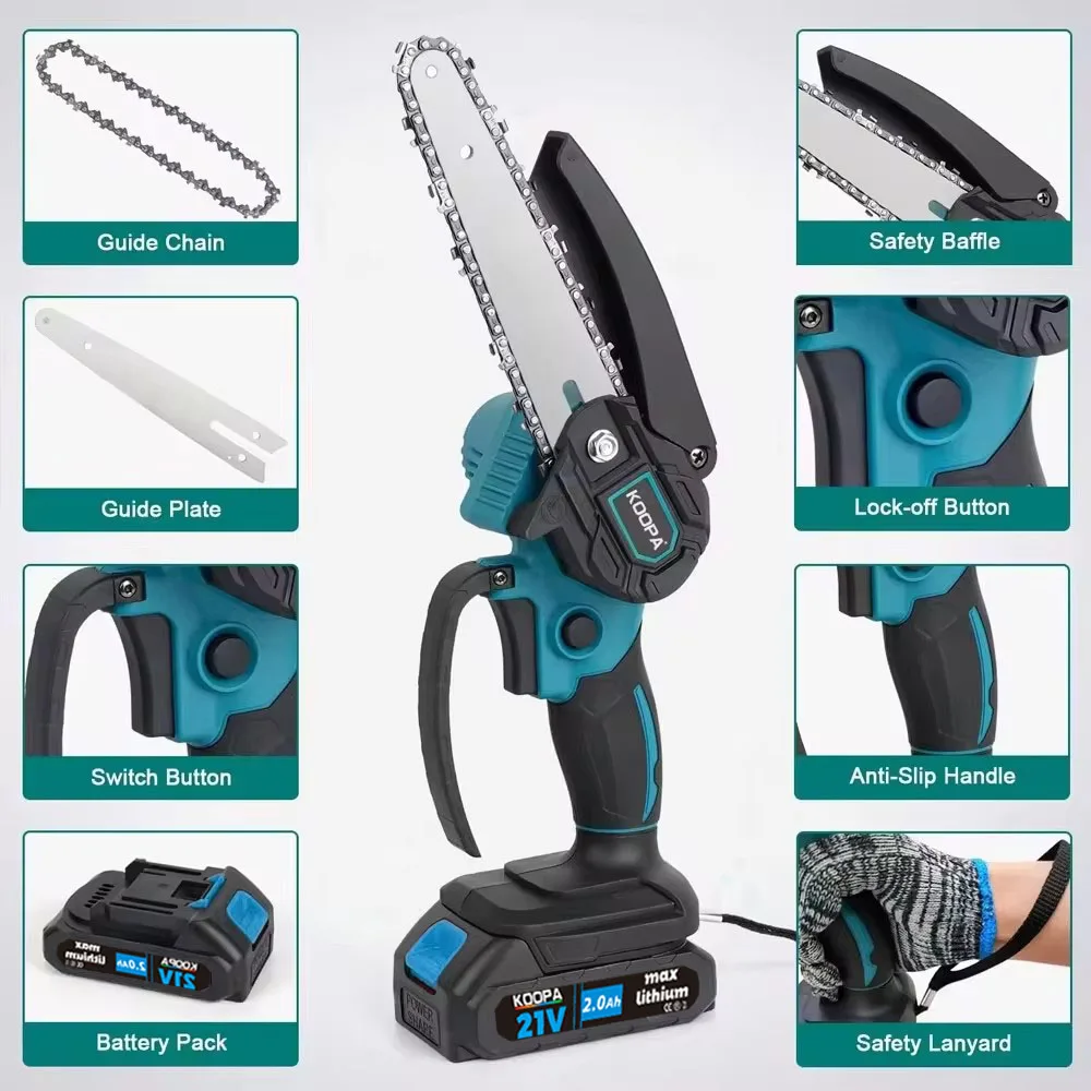 Koopa Tool Cordless Portable 6-Inch Mini Chainsaw, 2.0/4.0Ah Battery Powered 21V Handheld Small Chainsaw 6