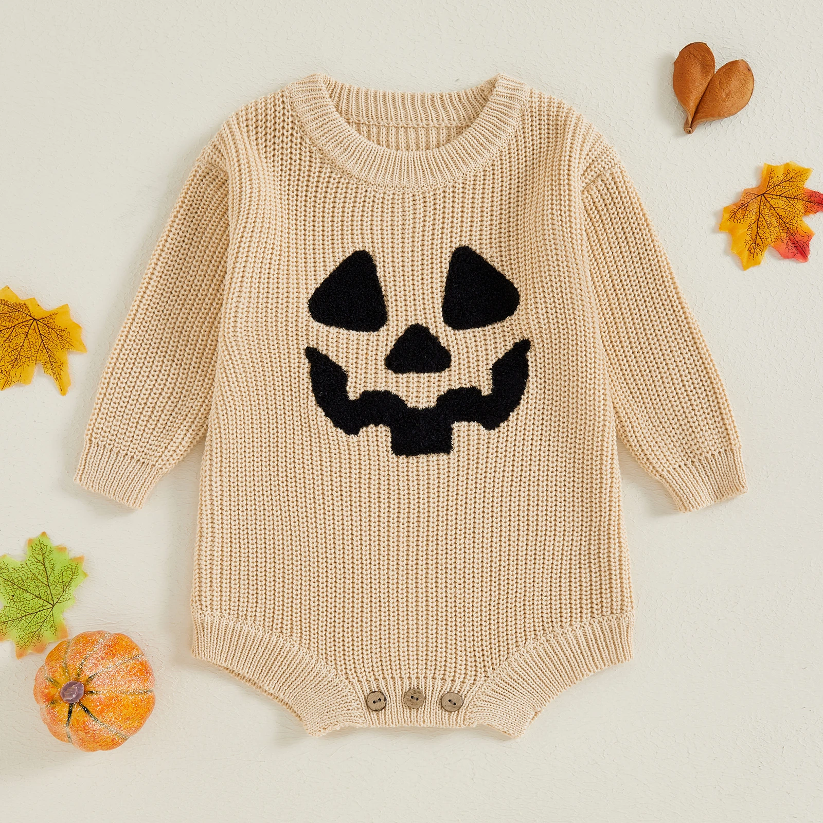 MISOWMNJOY Baby Girl Boy Knitted Romper Halloween Kids Clothes Cute Casual Pumpkin Embroidery Long Sleeve Jumpsuit for Newborn