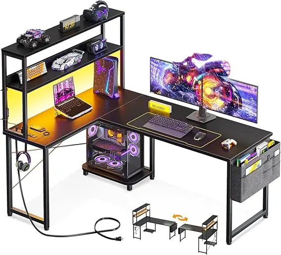 53 Inch L Shaped Desk with LED Lighting, Reversible Gaming Desk with Power Outlets, Cornor Computer Table with Storage Shelv