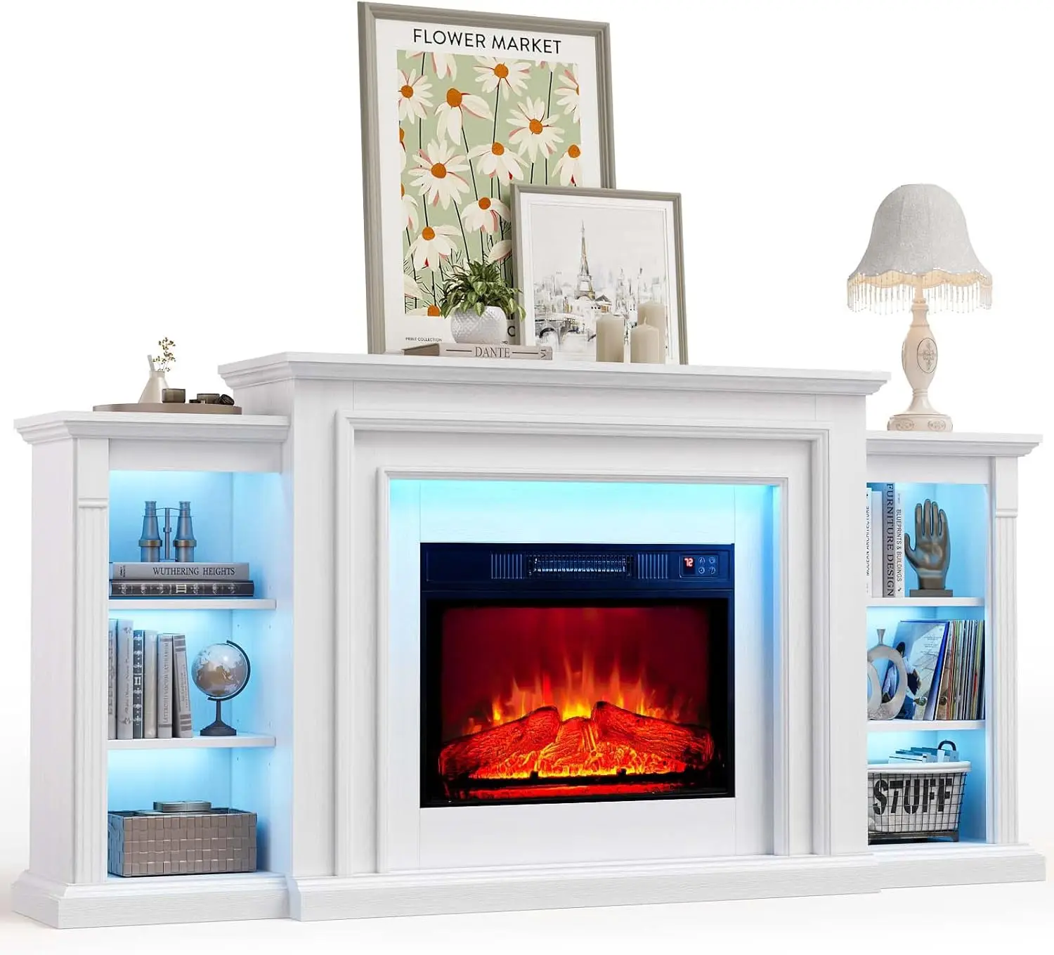 72" LED Lights Electric Fireplace with Mantel, Delicate Three-Dimensional Molding with Remote Control for Living Room 2