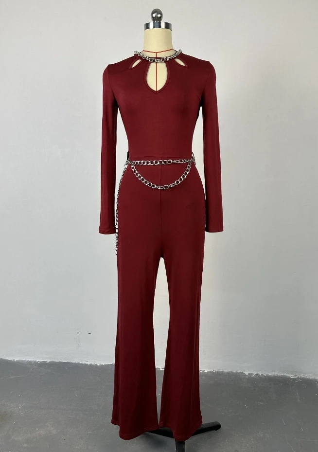 Temperament Hollow Out Long Sleeved Slim Fit High Waist Wide Leg Kind-Hearted Young Girl Long Pants Jumpsuit