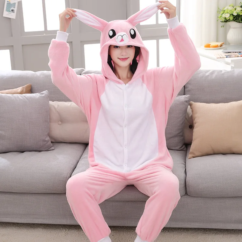 Adults Animal Onesies Unicorn Pajamas Couple Sleepwear Women Men Winter Unisex Kigurumi Costumes Cartoon Flannel Rabbit Pajamas