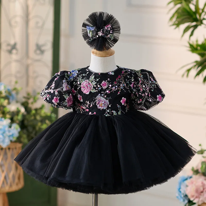 

MVOZEIN Puffy Girl Dress Black Tulle Puffy Sleeves Girl Party Dresses Flower Girl Dress Knee Length First Communion Girl Gown