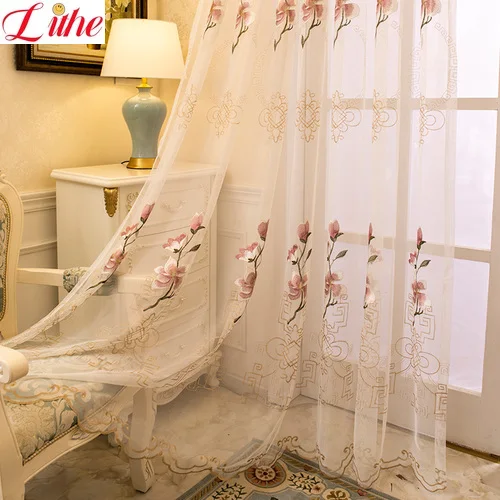 

European Light Luxury Rose Embroidery Gauze Curtains Semi-blackout Curtains for Living Room and Bedroom Window Tulle Room Decor