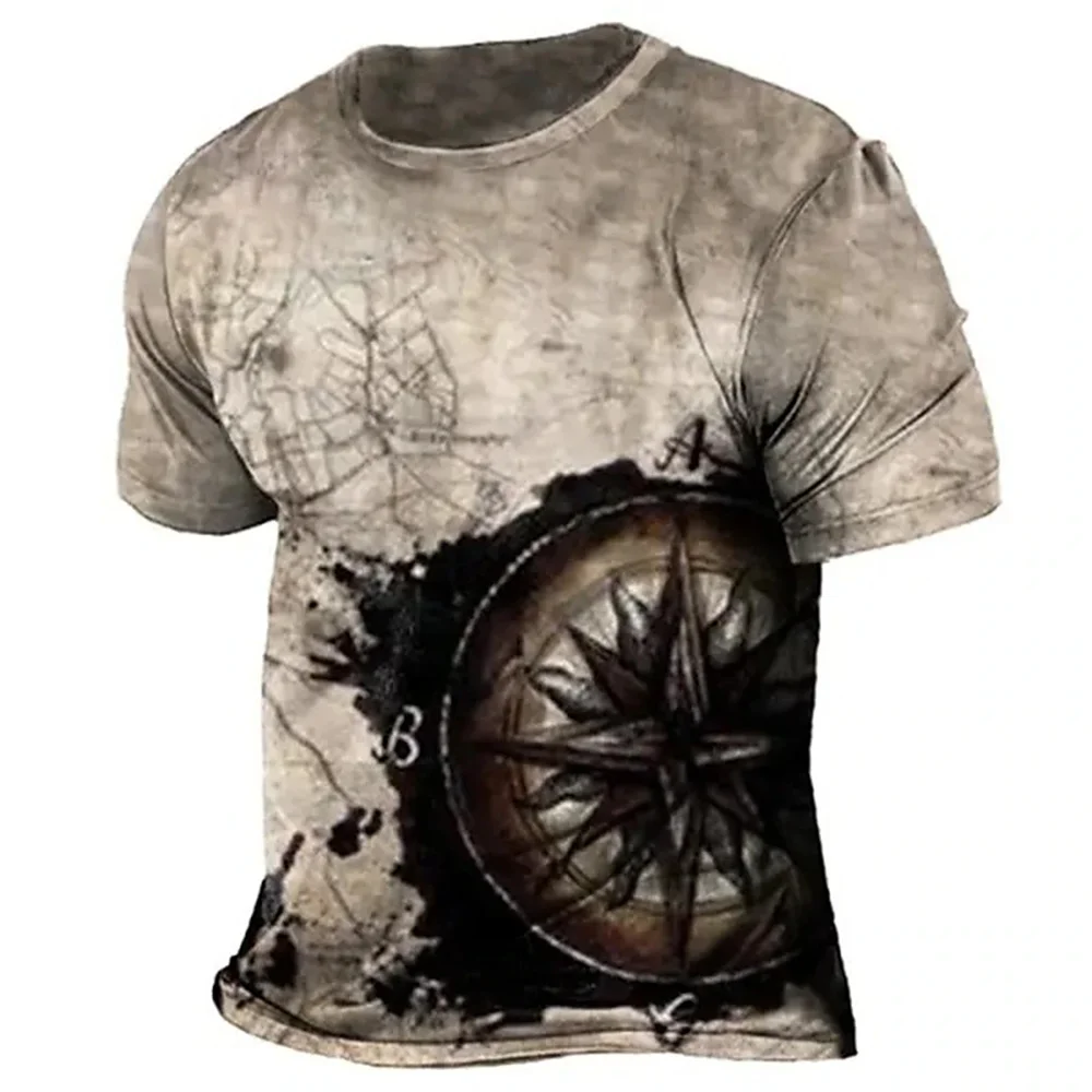 

Summer Vintage Compass Graphic Men's T-shirts Breathable Crew Neck Short Sleeve Loose Tops Outdoor Daily Unisex Clothing Apparel