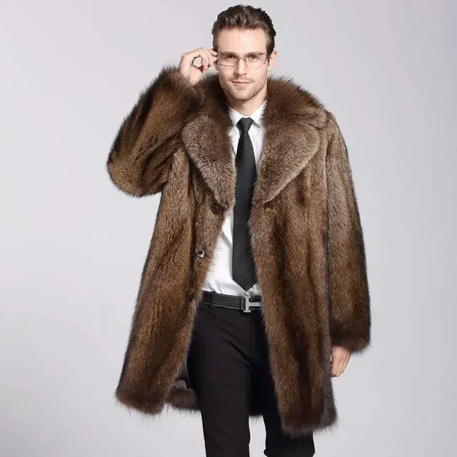 Mink Mink Coat Men's Autumn and Winter New Thick Mid-Length Padded Fur Parkas Large Size Men's High-end Casual Button Jacket 1