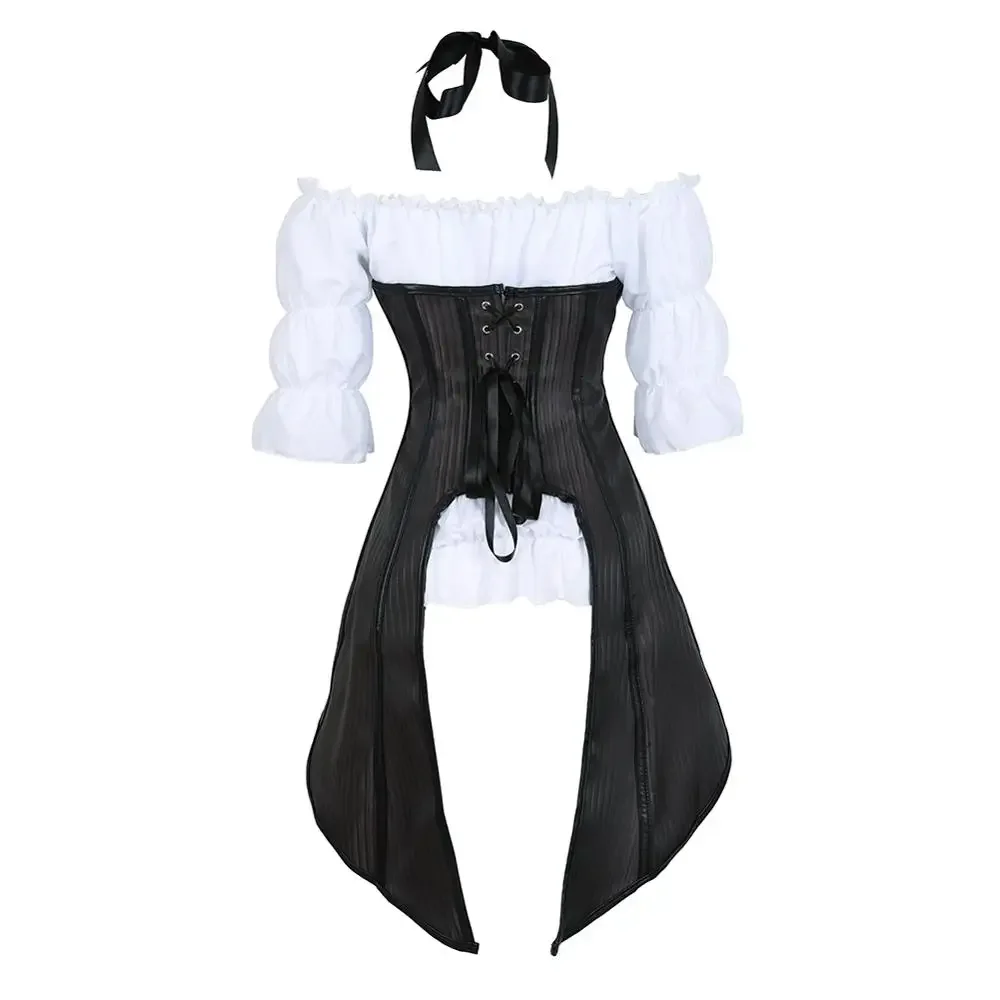 Renaissance Corset 2 Piece Outfits Steampunk Halter Striped Bustiers Underbust White Blouse Set Carnival Dance Party Costumes