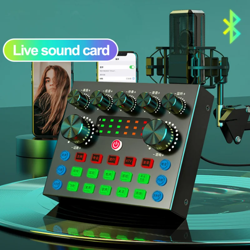 V8S Live Streaming for PC Computer IPhone Broadcasting Sound Card with 10 Sound Effects,3 Inputs, Mic Input Portable Audio Devic