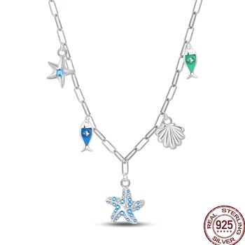 925 Sterling Silver Summer Ocean Starfish Shell Fish Necklaces Star Shiny Zircon Necklace Women's Exquisite Party Jewelry Gfit