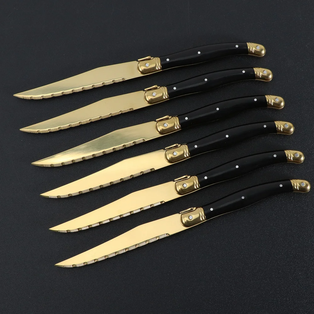 Jaswehome 4/6/8/12pcs Steak Knives Set Titanium Gold Plating Sharp Knives  Food Grade Dinnerware Sets Black Golden Dinner Knife