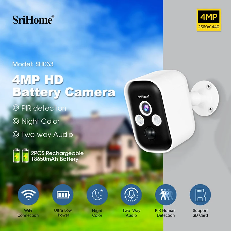 

IP-камера SriHome SH033B HD 4 МП с солнечной батареей, водонепроницаемая полноцветная с двухсторонним аудио и функцией ночного видения, с пассивным ИК датчиком движения