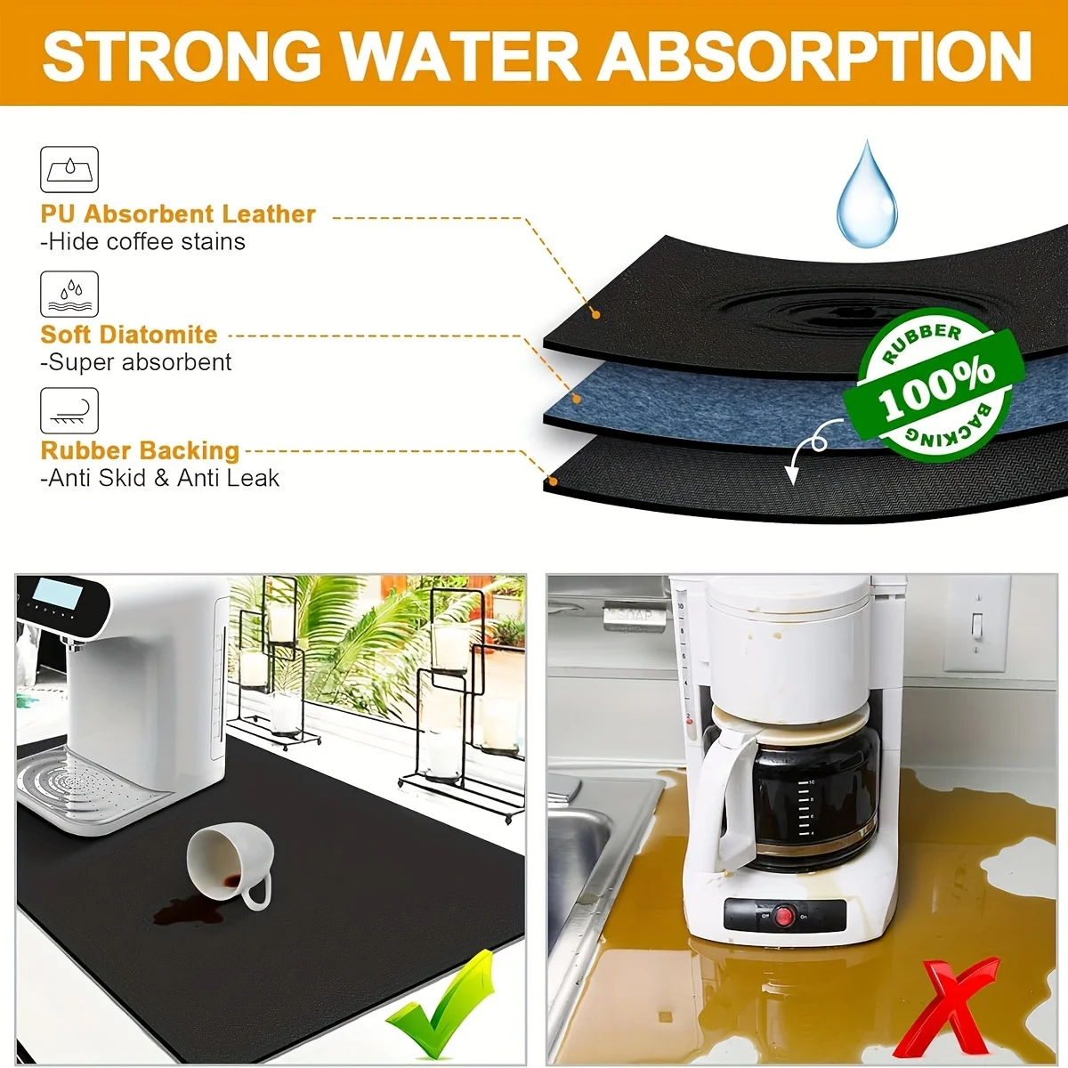 1pc-Pu Leather Countertop Draining Mat Kitchen Bar Drain Pads Absorb Water And Dry Quickly For Washstand Bathroom Floor Mats