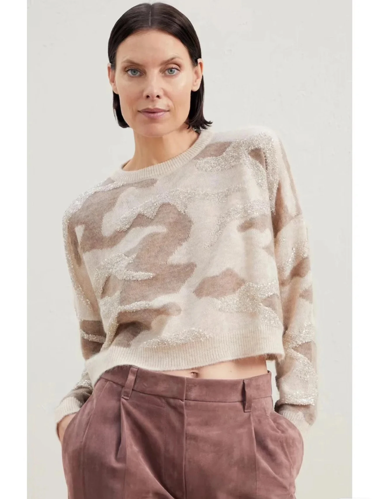 

Women'S Sweater Sparkling Sequin Embroidered Mohair Wool Knit Top H Small Short Loose Fit Female Autumn Clothing