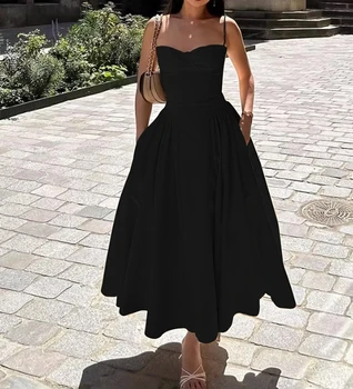 Women's Summer 2025 New Solid Color Fashion Elegant Retro Style Dopamine Belt Long Dress Women's Wear 1