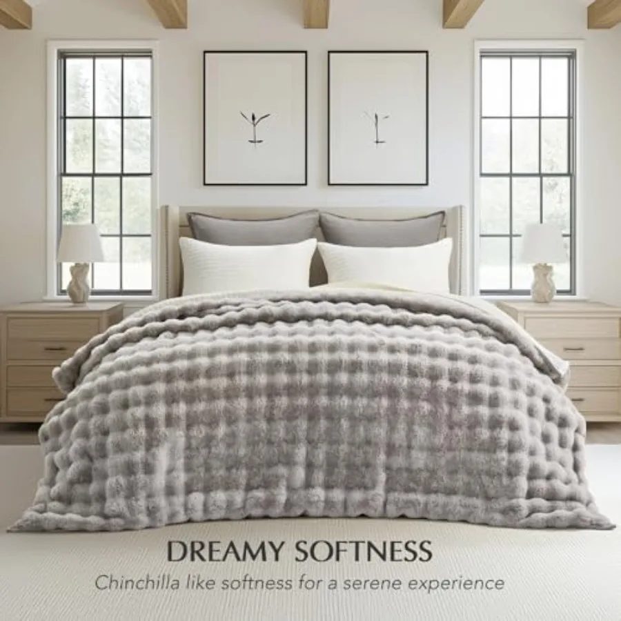 Ultra Soft Luxury Fluffy Ridgeline Faux Rabbit Fur Throw Blanket Thick Warm Fuzzy Blankets for Winter Cozy Plush Reversible Bla