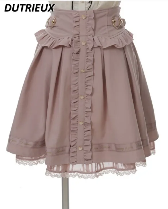 Japanese Style Sweet Ruffles Design Letter Suspender Skirt Cute JK Ribbon Bow Lace Lolita Skirts 2023 Autumn New Pleated Skirt free shipping womens lolita hollow out birdcage petticoat 4 hoops pleated ruffles underskirt